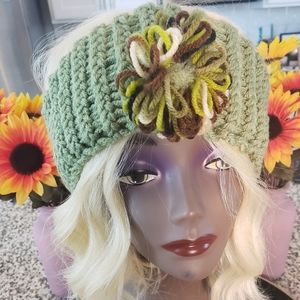 New Green knitted headband with flower attached